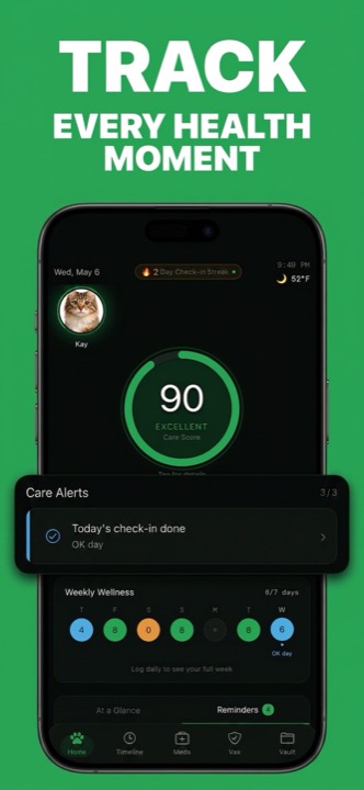 PetTally home screen showing a pet's care score, alerts and weekly wellness tracking