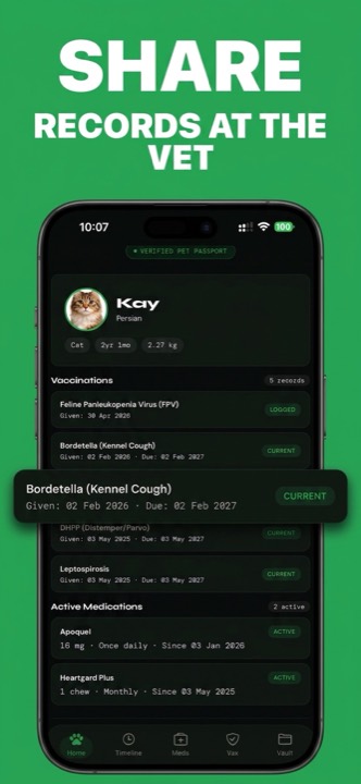 PetTally Pet Passport with QR code for sharing records with a vet