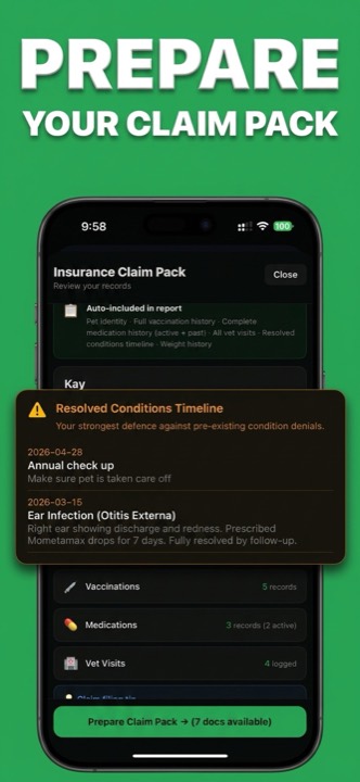 PetTally health timeline used to prepare a pet insurance claim pack